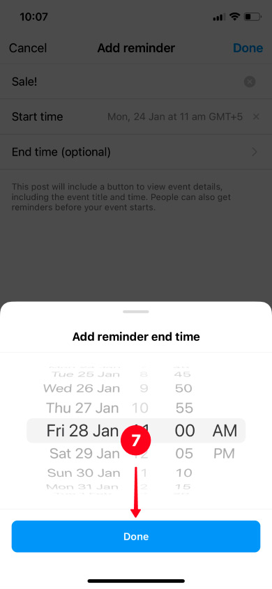 Setting the end time for an even in the Instagram reminder menu