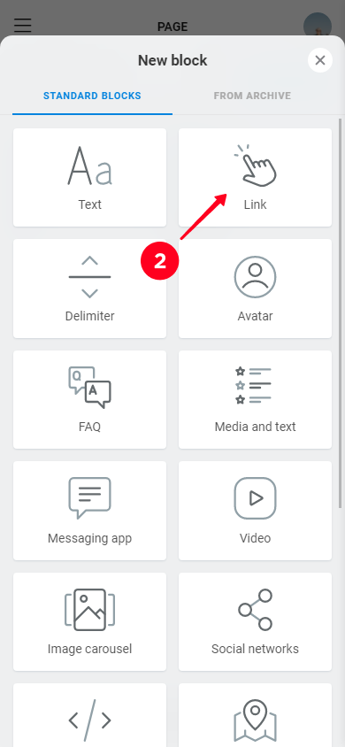 Choosing Link on the list of Taplink blocks