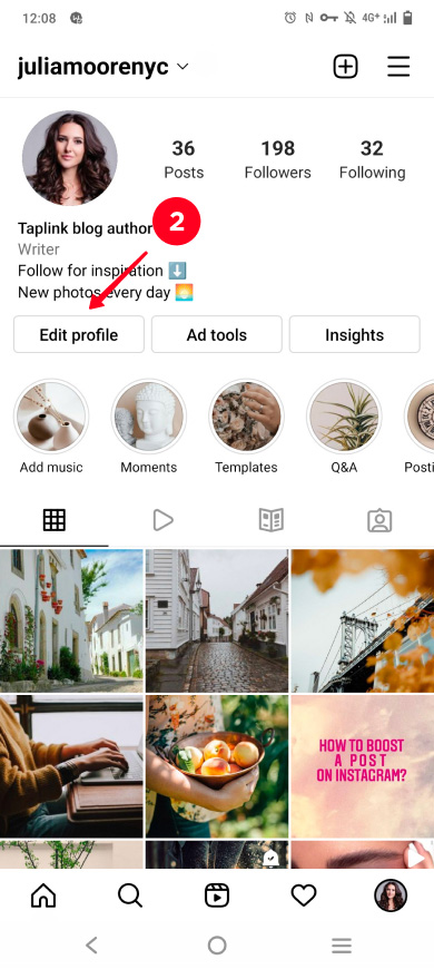 Tapping Edit profile on an Instagram page