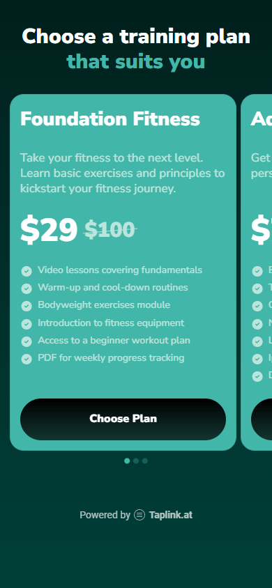 Fitness trainer’s page created using Taplink as a Beacons competitor and displaying text, pricing plans, and a button