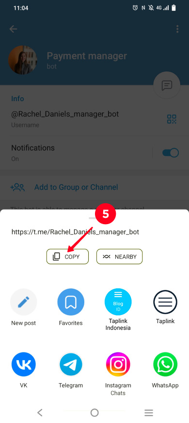 Tapping Copy above the list of a Telegram bot sharing options