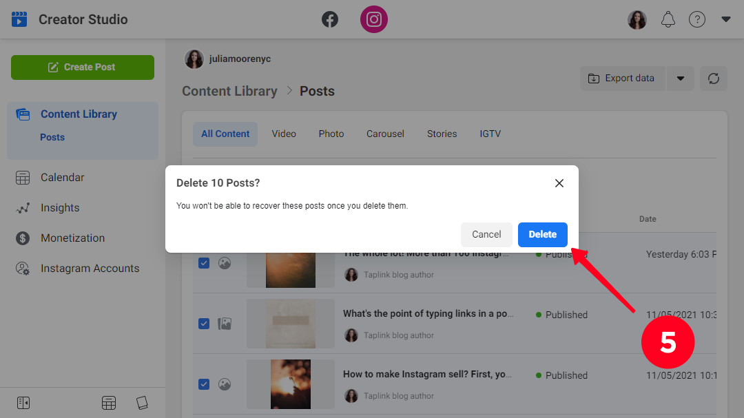 Confirming the deletion of multiple Instagram posts in the Creator Studio