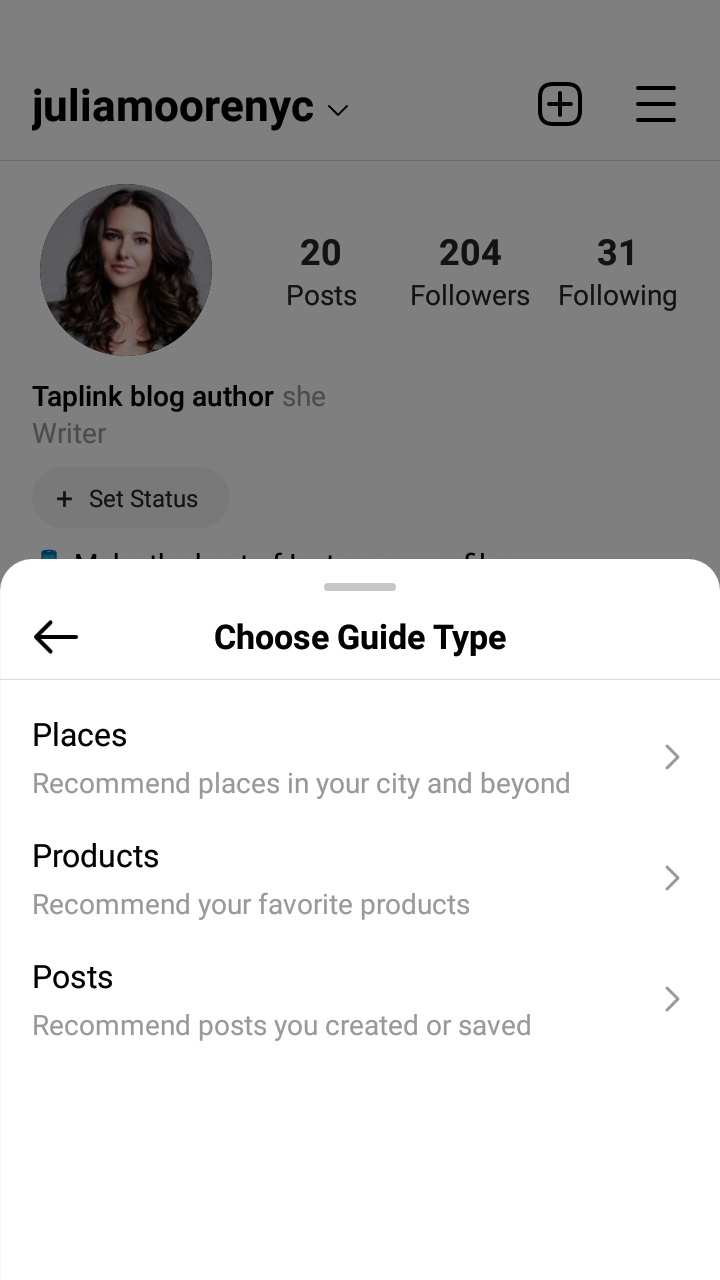 A list of Instagram guide types in the app