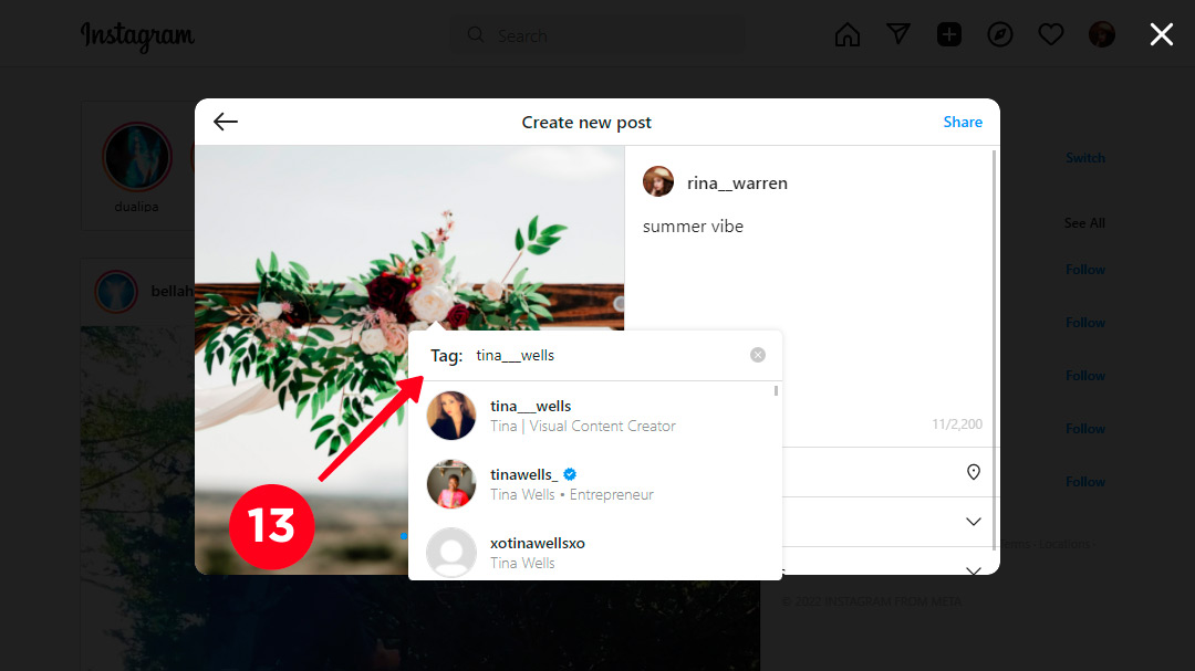 Tagging users in an Instagram post on a computer
