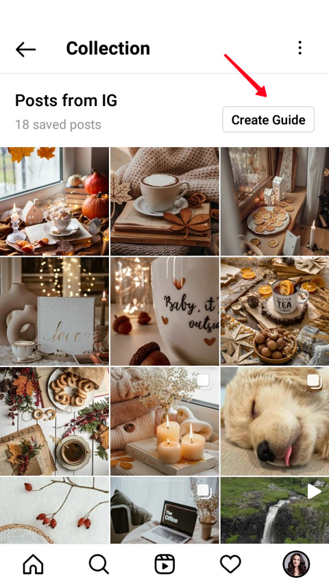 Highlighted Create Guide button above bookmarked Instagram posts