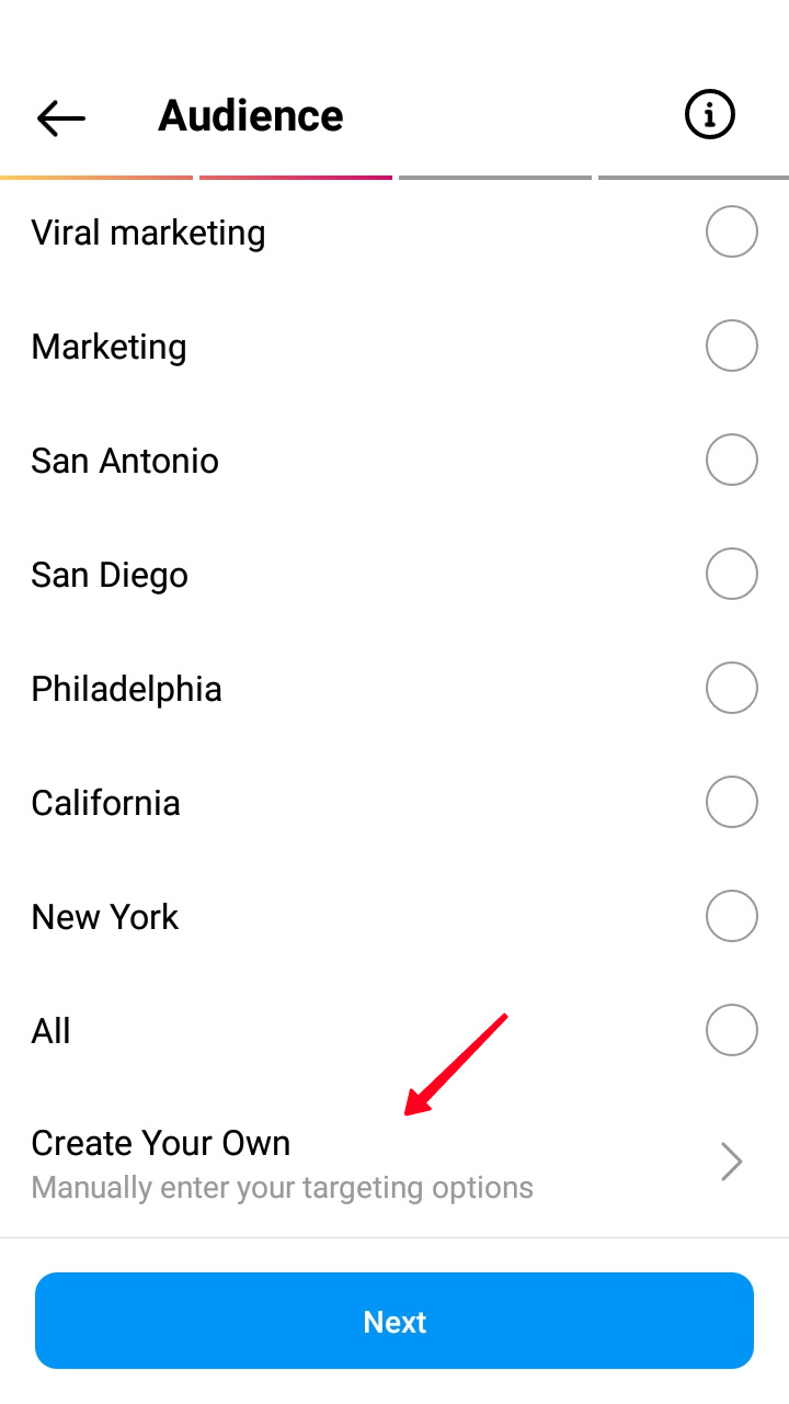 Highlighted Create Your Own option in the Audience settings in the Instagram app