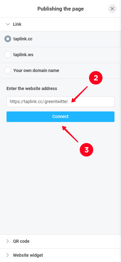 Writing the unique part of the page URL and tapping the Connect button