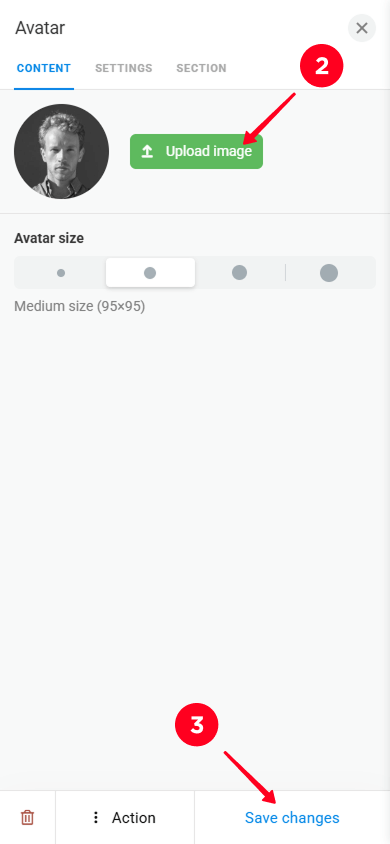 Tapping Upload button and Save changes on the avatar settings page in the realtor website builder