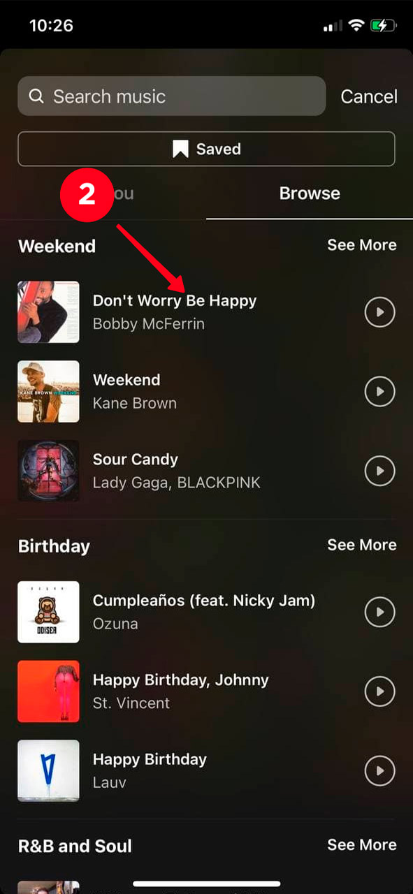 Choosing a song for the Music sticker on the list