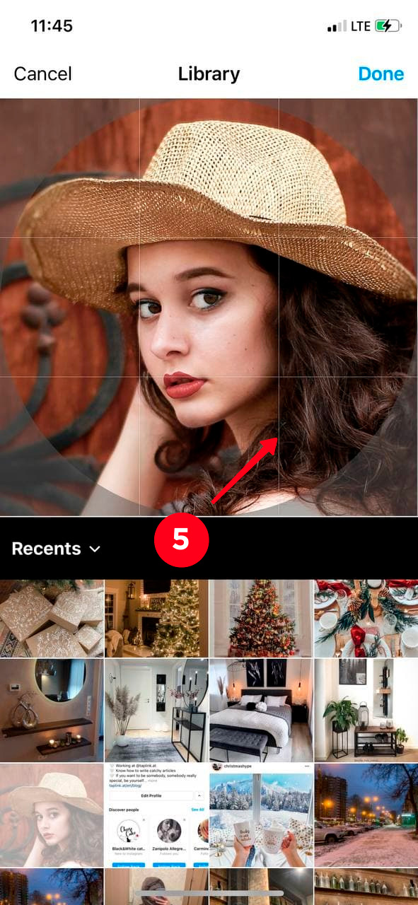 Adjusting the photo frame in the Instagram profile picture settings on an iPhone