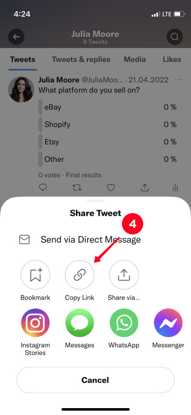 Choosing Copy Link on the list of post sharing options