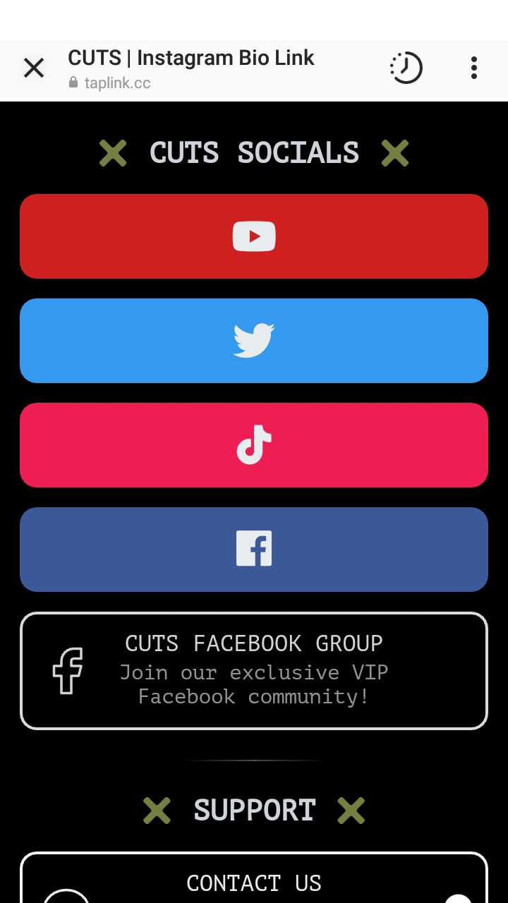 Collegamenti a YouTube, Twitter, TikTok, Facebook su una pagina Taplink