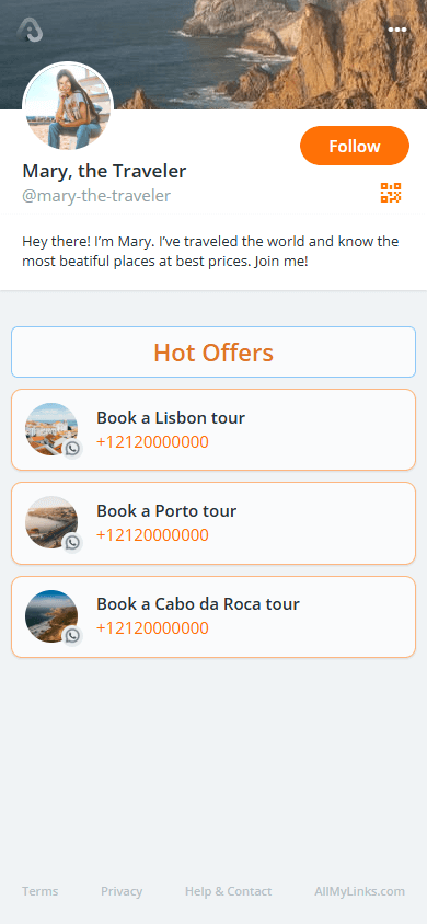 A travel blogger’s link in bio page created with AllMyLinks