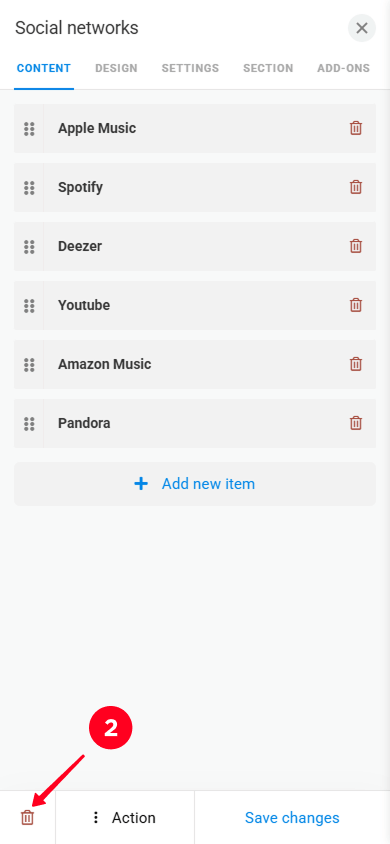 Tapping the trash icon in the Taplink website settings