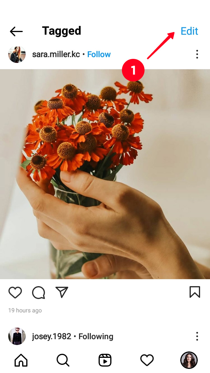 Tapping Edit in an Instagram post where a user is tagged