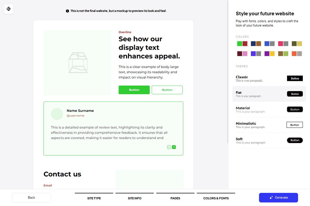 Website style customization menu in the 10Web AI builder