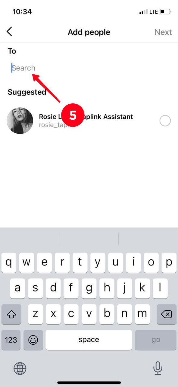 Searching for an Instagram user in the group chat menu