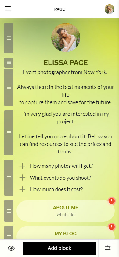 Un testo lungo e FAQ su una pagina link Instagram in bio nell'editor di pagina Taplink