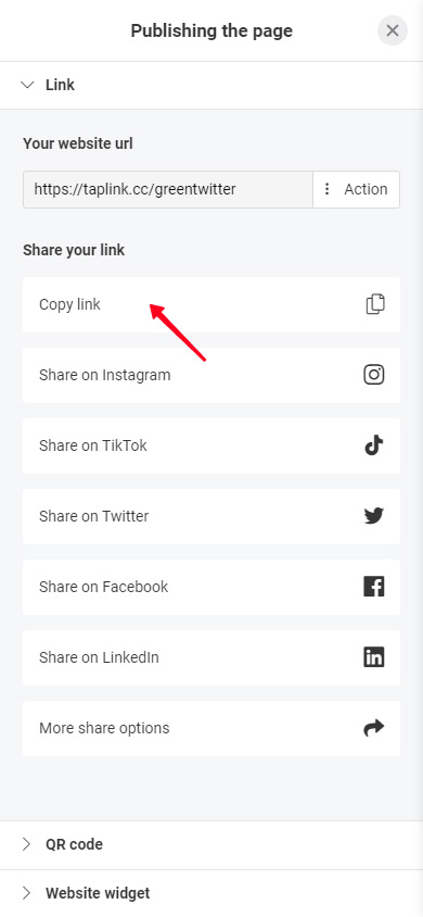 Copying the page link in the Taplink publishing menu