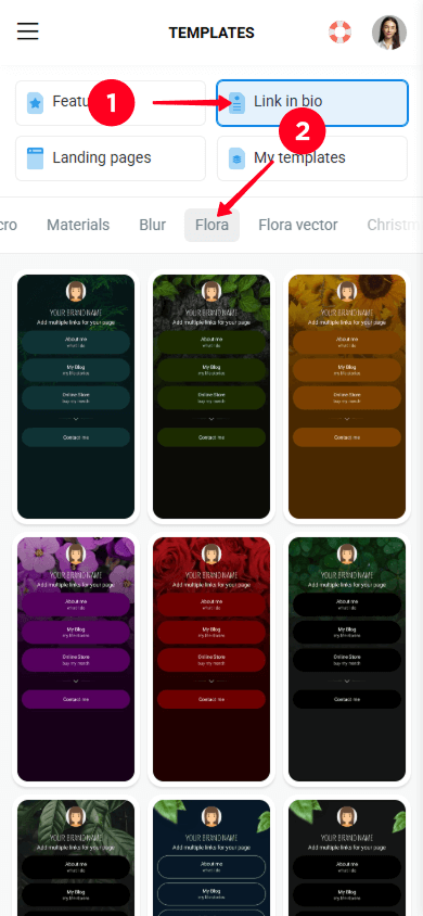 Tapping the Link in bio tab and the Flora category in the Taplink template library