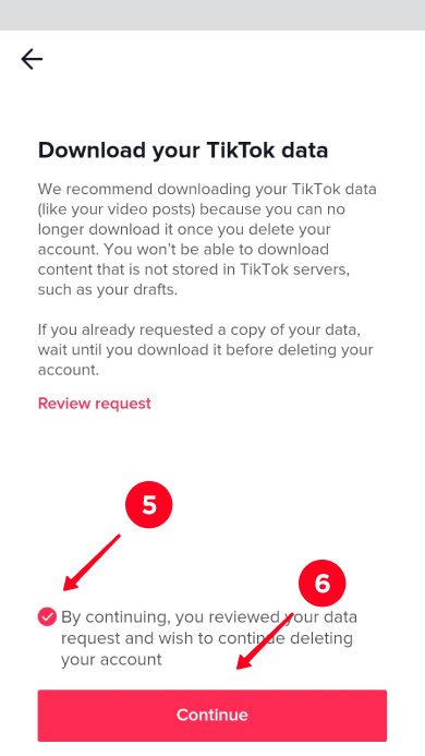 Confirming data request review and the intention to delete the TikTok account