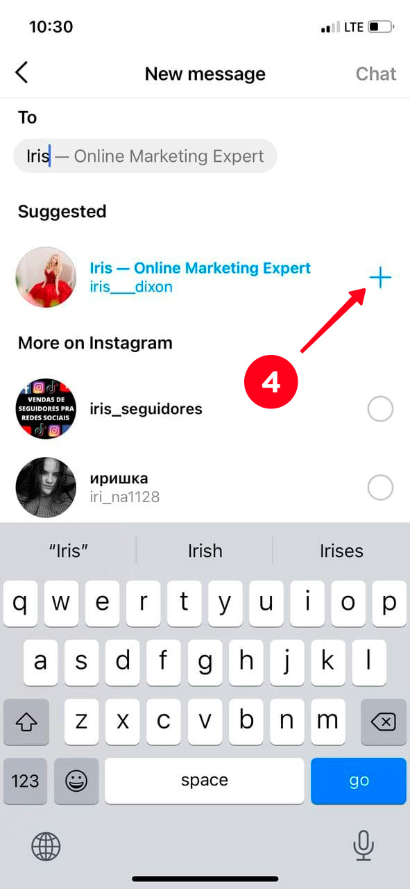 Tapping the plus icon near a username in the Instagram Direct Messages