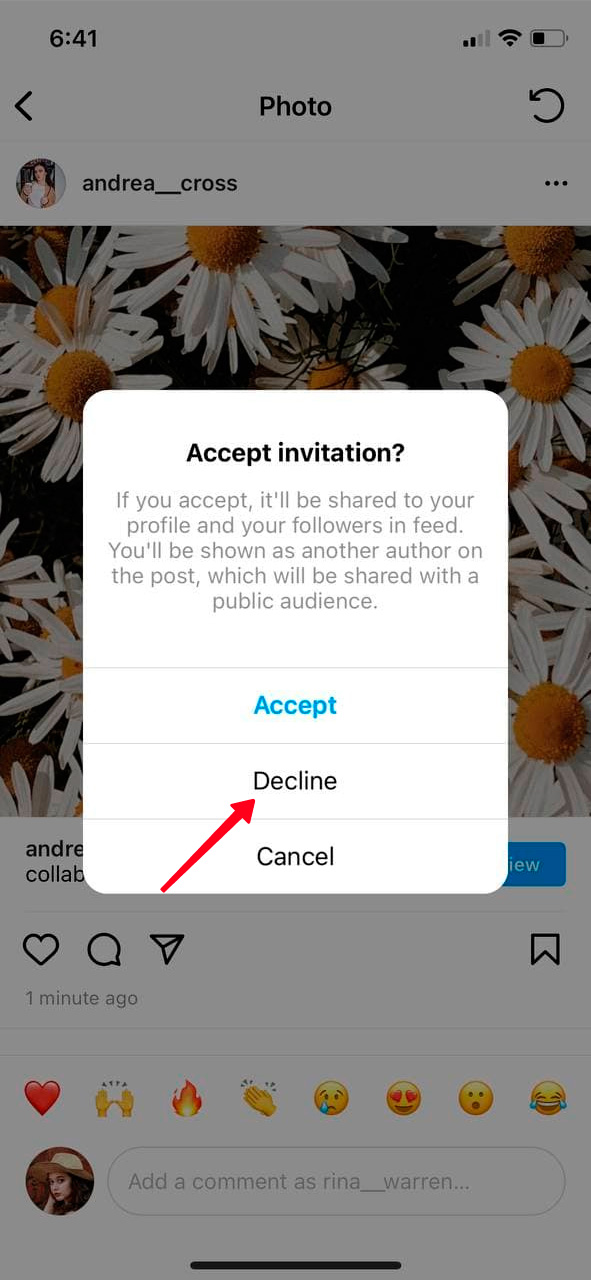 Highlighted Decline option in the Accept invitation window