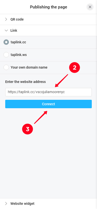 Writing the unique part of the page URL and tapping the Connect button