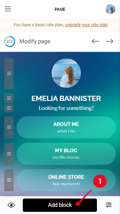 Tapping the button for adding new blocks on a Taplink page with multiple links