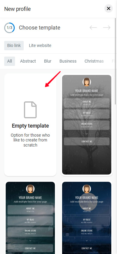 Highlighted empty Instagram link in bio page template