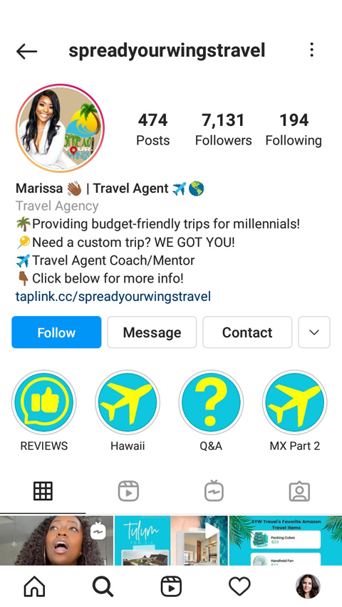 Pagina del profilo Instagram di un agente di viaggi con una buona biografia aziendale