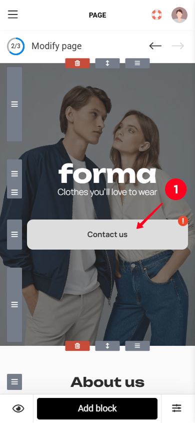 Tapping the Contact us button in the Taplink website editor