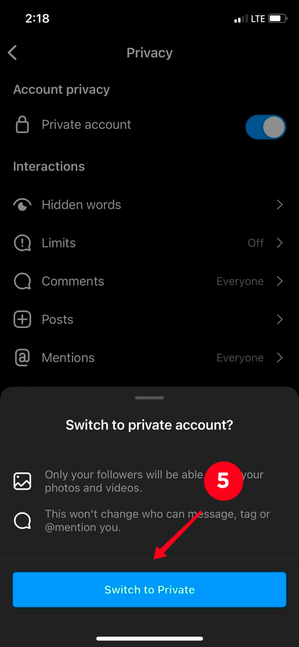 Tapping Switch to Private in a pop-up window in the Instagram app