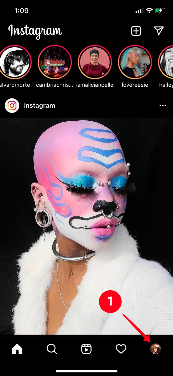 Switching to the profile tab in the Instagram app