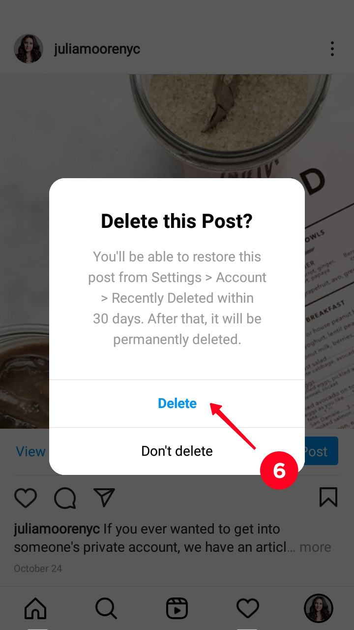 Confirming the Instagram post deletion from the Archive