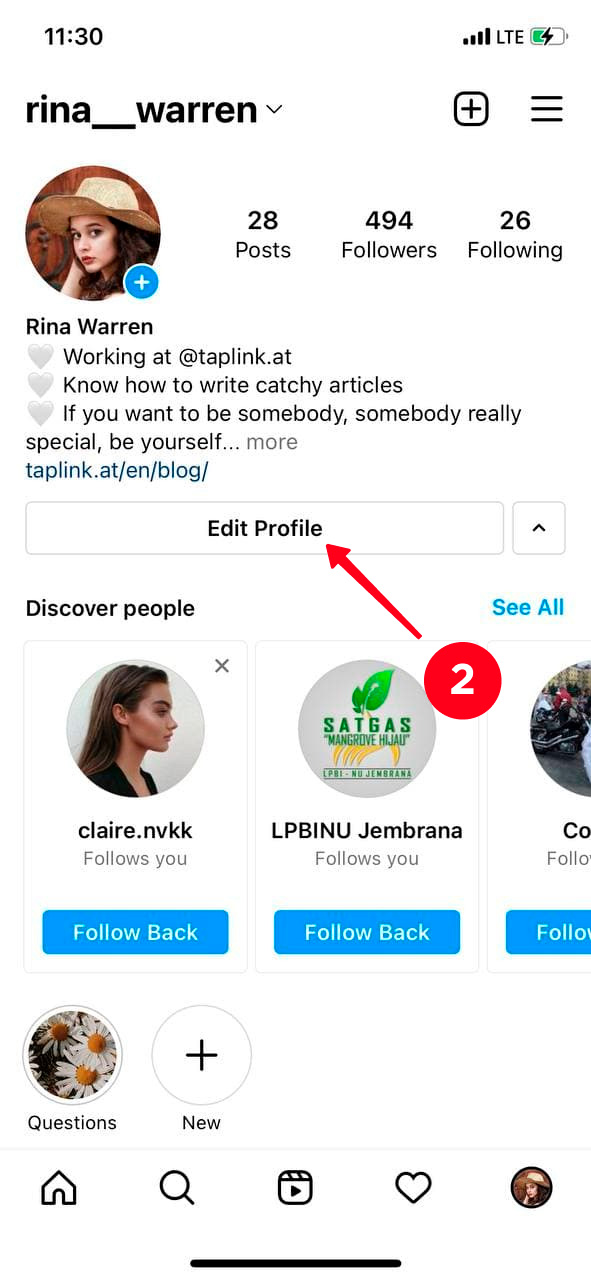 Tapping Edit profile on an Instagram page on a phone