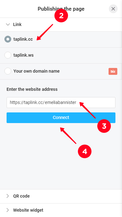 Publishing a page with multiple links for an Instagram bio in on a Taplink domain