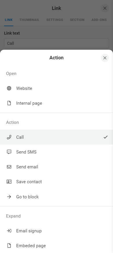 Available actions for the link in the Taplink digital business card builder
