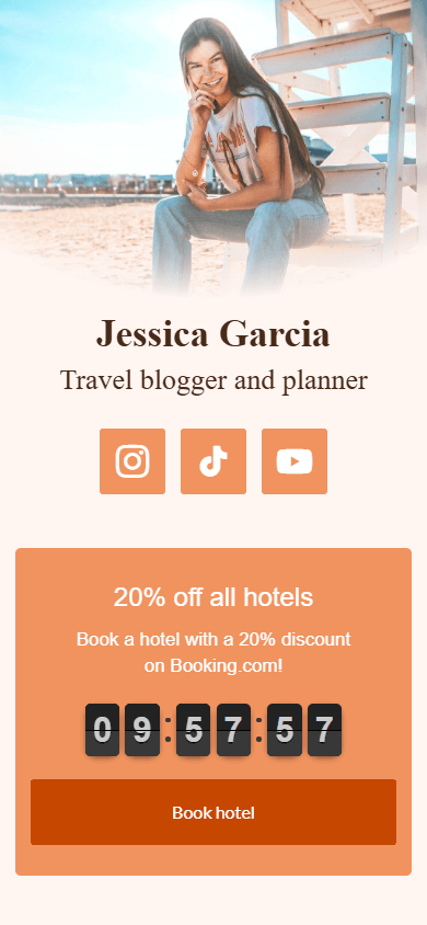 Travel blogger landing page that features a profile image, text, social links, a countdown timer, and a booking button