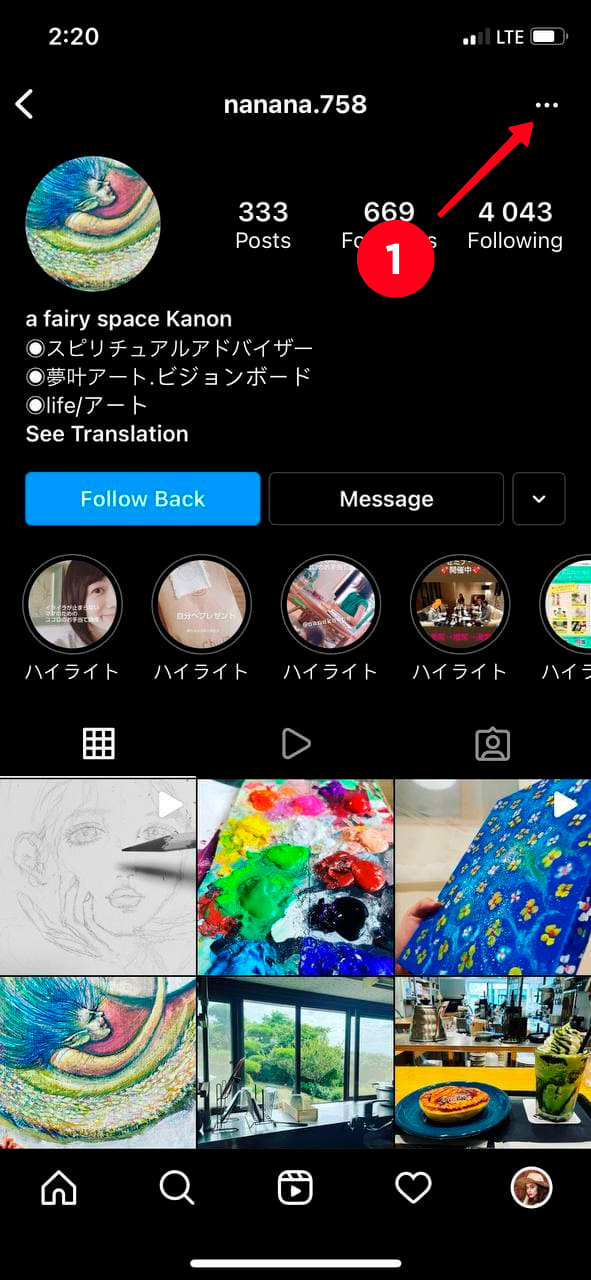 Tapping the three-dot menu on an Instagram profile page