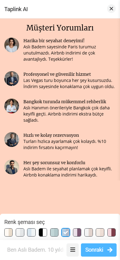 Küçük müşteri fotoğrafları, adları ve referansları içeren bir Yorumlar bölümü düzeni