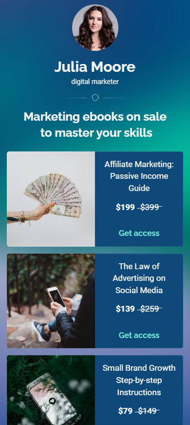 Taplink page with a catalog of digital products