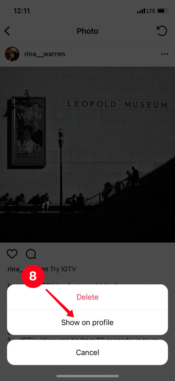 Selecting Show on profile on the list in the Instagram app