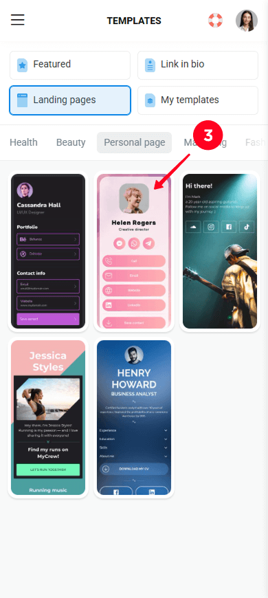 Selecting a digital business card template in Taplink
