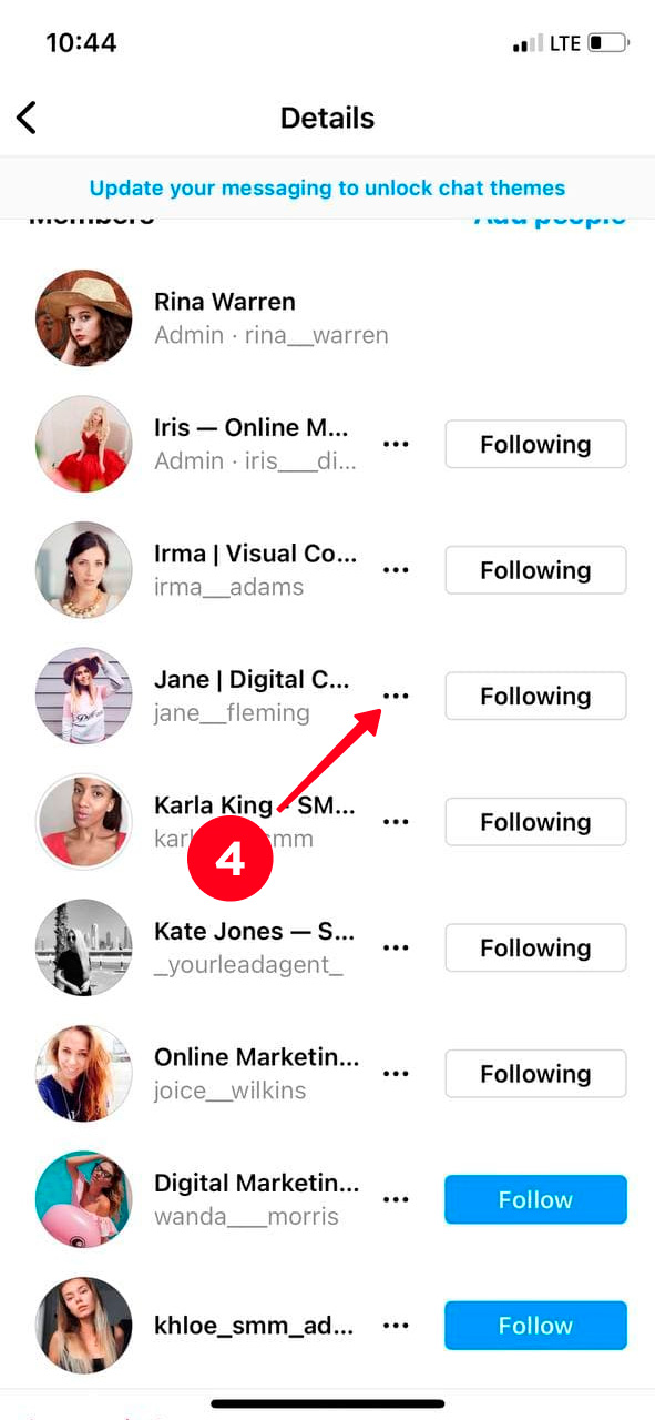 Tapping the three dots near a username on the list of Instagram group chat members
