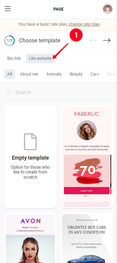 Switching to the Lite website tab in the Taplink page template library