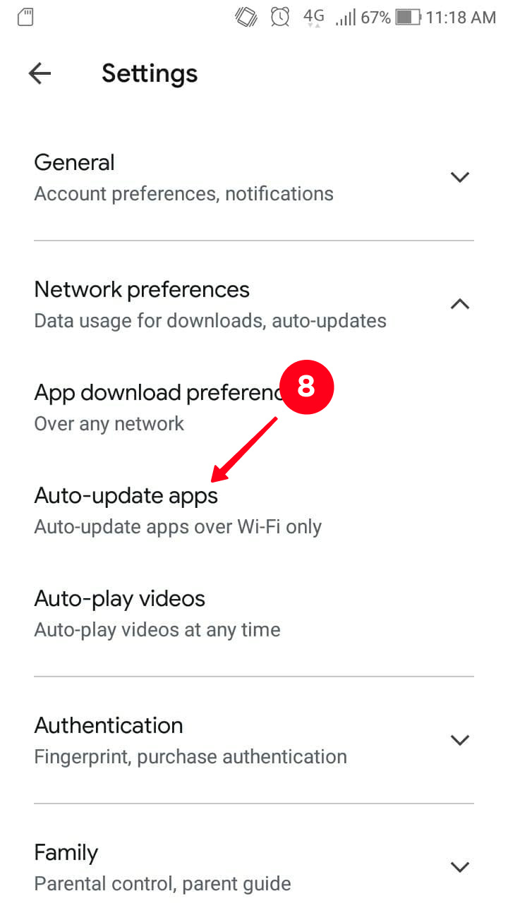 Choosing Auto-update apps in the Networks preferences