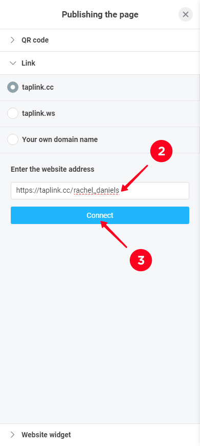 Writing the unique part of the page URL and tapping the Connect button