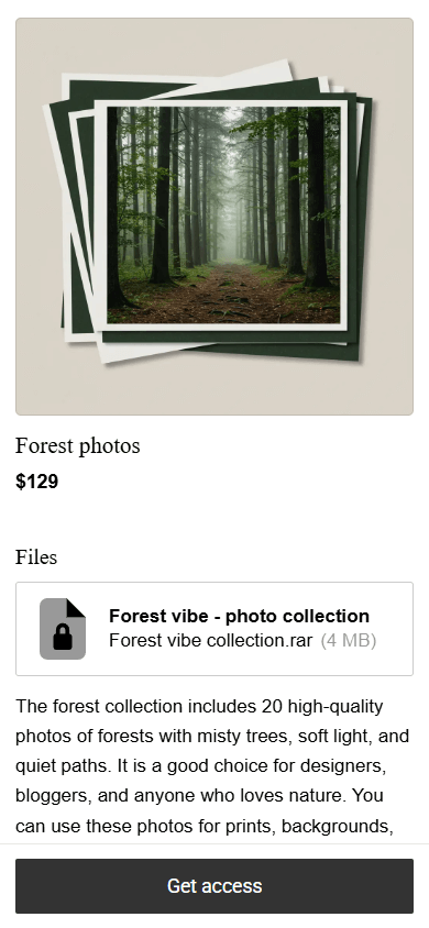 Taplink digital product page that displays a product image, a title, a price, a file, a description, and a purchase button