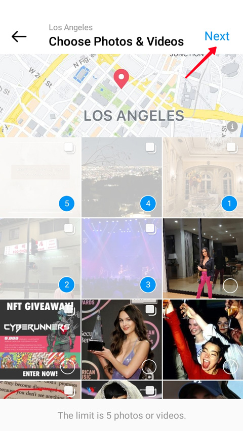 Highlighted Next button on an Instagram page with a location posts
